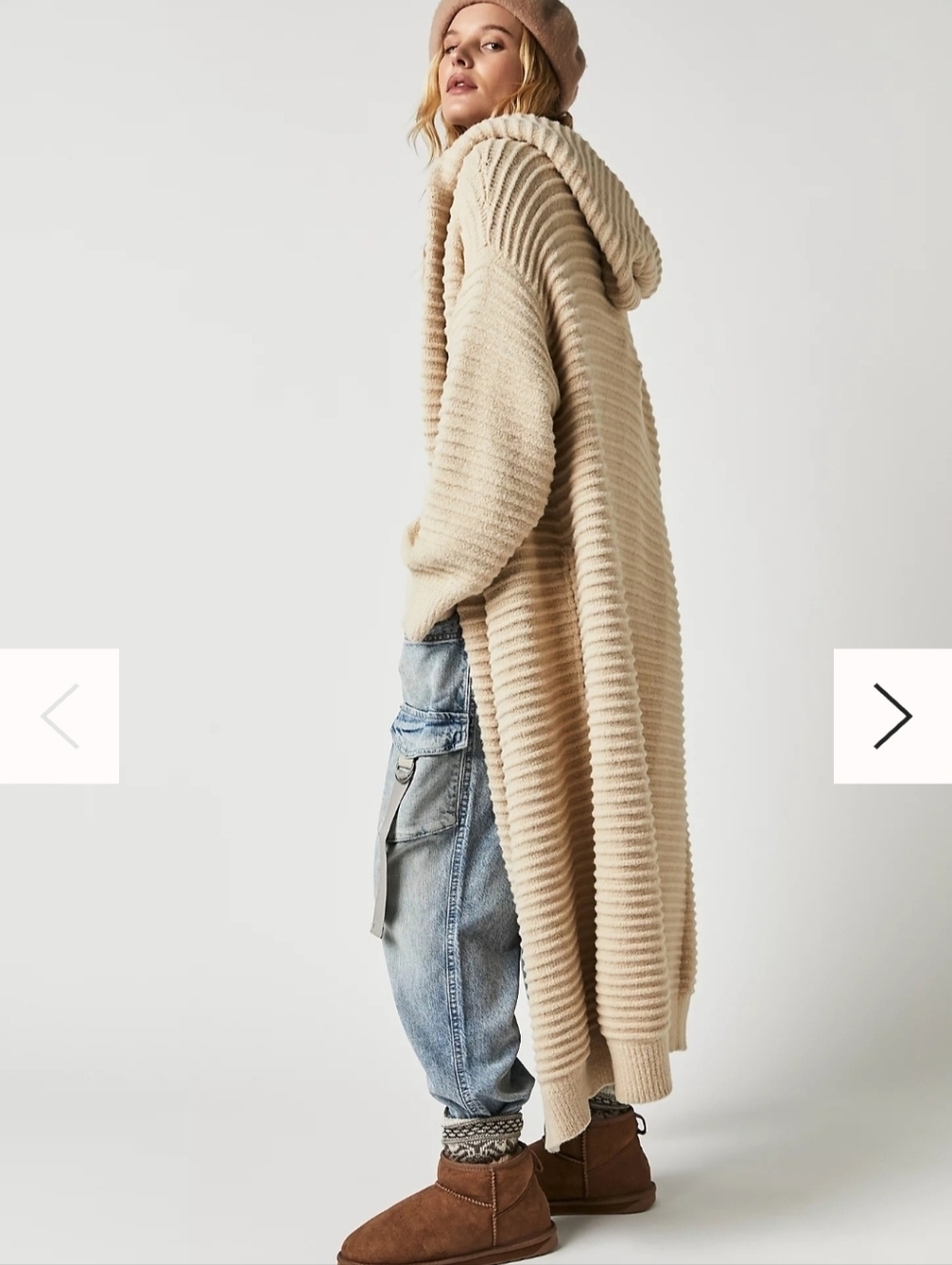 Free People Stay Here Cardi Sweater Ivory Ribbed Hooded Maxi Sz Medium NEW
